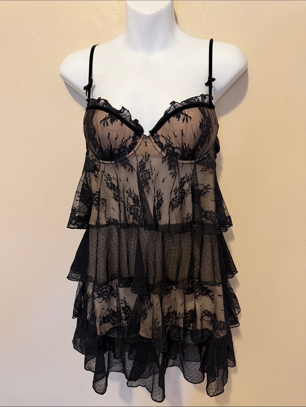 In Bloom Black Floral Lace Tiered Sheer Chemise